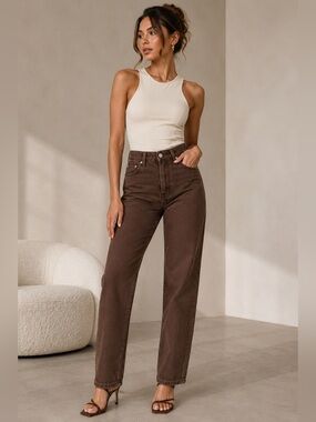 MESHKI Pia Split Side Wide Leg Jeans Chocolate Brown Size 11